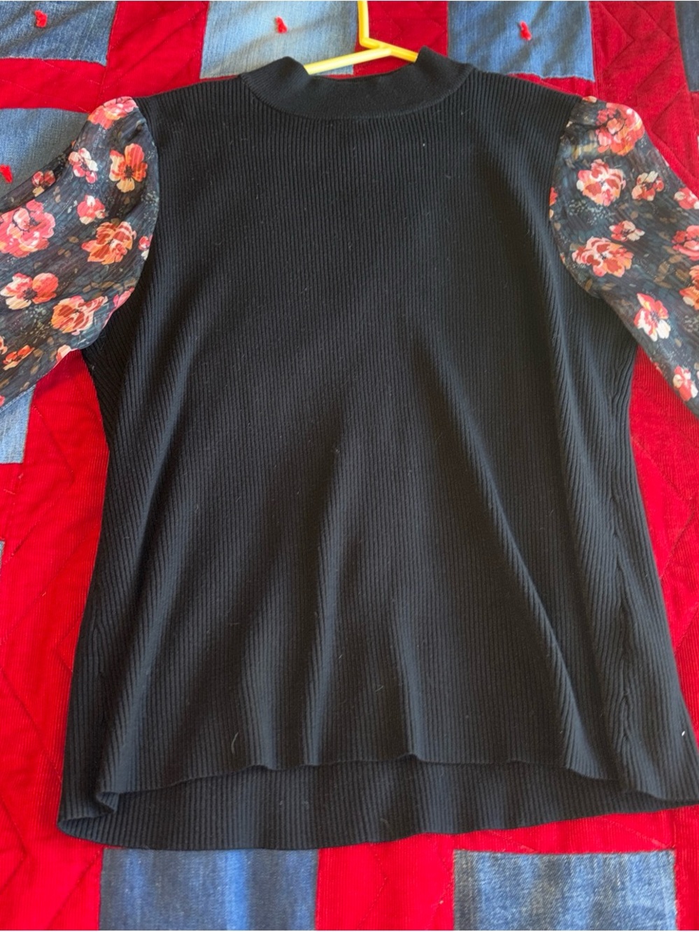 Black Ribbed Cowl-Neck Sweater with Floral Puff Sleeves